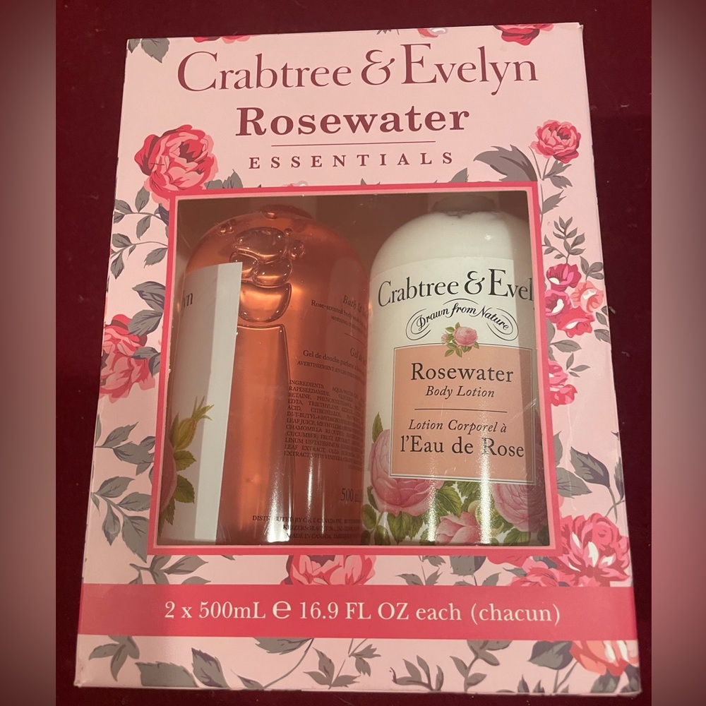 Crabtree & Evelyn Rosewater Gift Set 16.9 Oz Bath & Shower Gel Body Lotion NIB